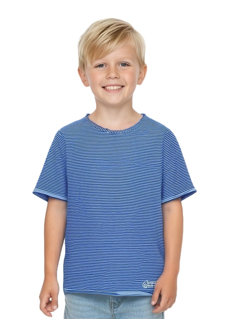 WiNi BEE Striped T-Shirt for Boys | Short Sleeve Toddler Tee (2-6 Years) | Blue and White Raw Edge Casual Top | Soft Everyday Kids Shirt - Image 1